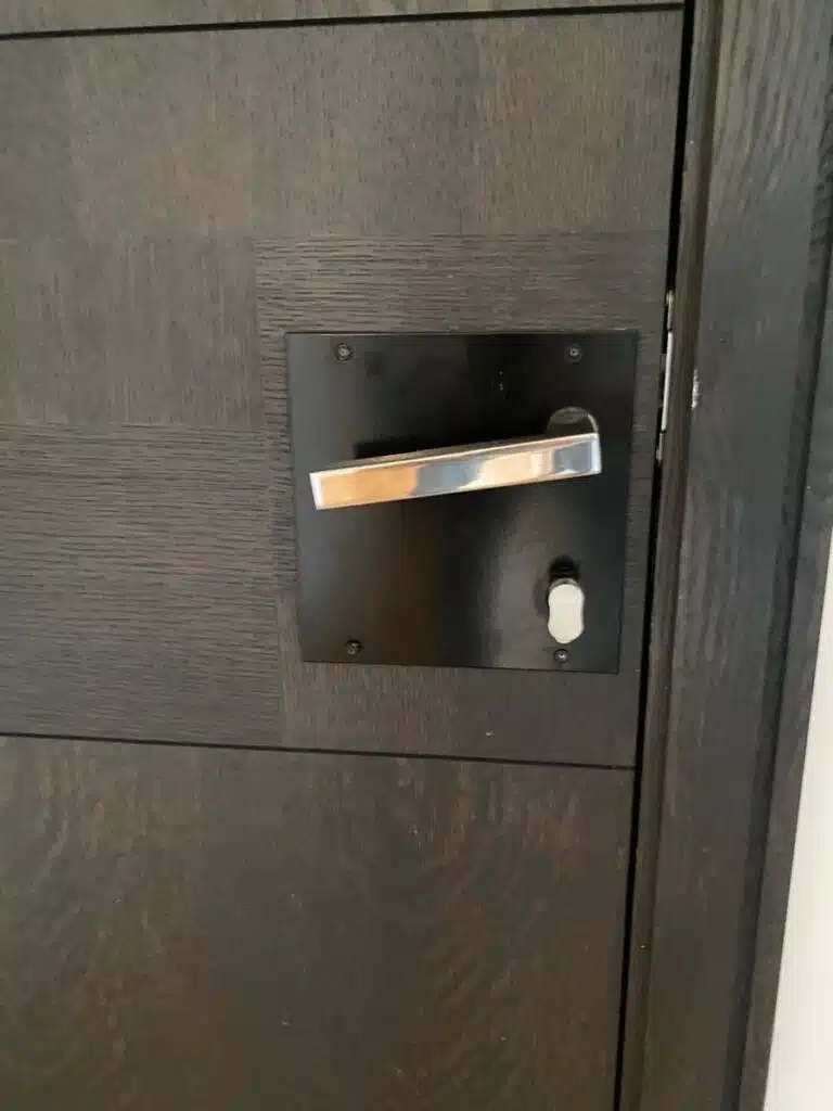 Modern black door handle plate fitted on dark wood front door