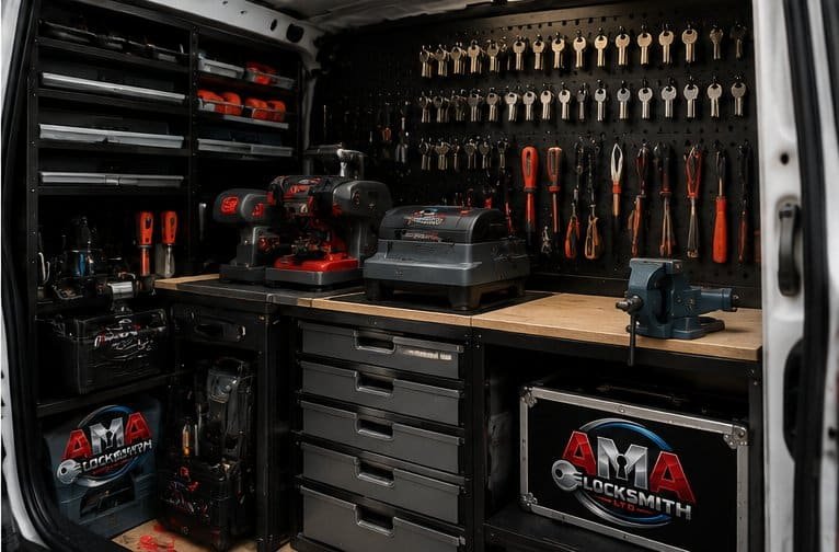 Inside AMA Locksmith Ltd mobile van showing key cutting equipment, tools and locksmith supplies