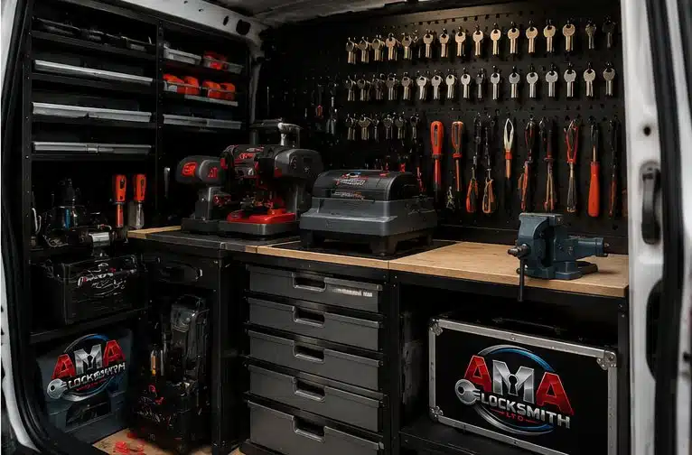 Inside AMA Locksmith Ltd mobile van showing key cutting equipment, tools and locksmith supplies