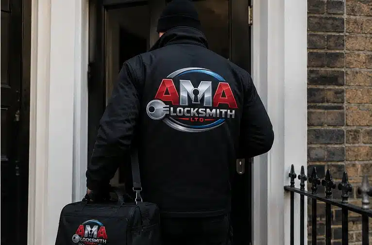 AMA Locksmith technician in branded jacket with tool bag arriving at a UK residential front door