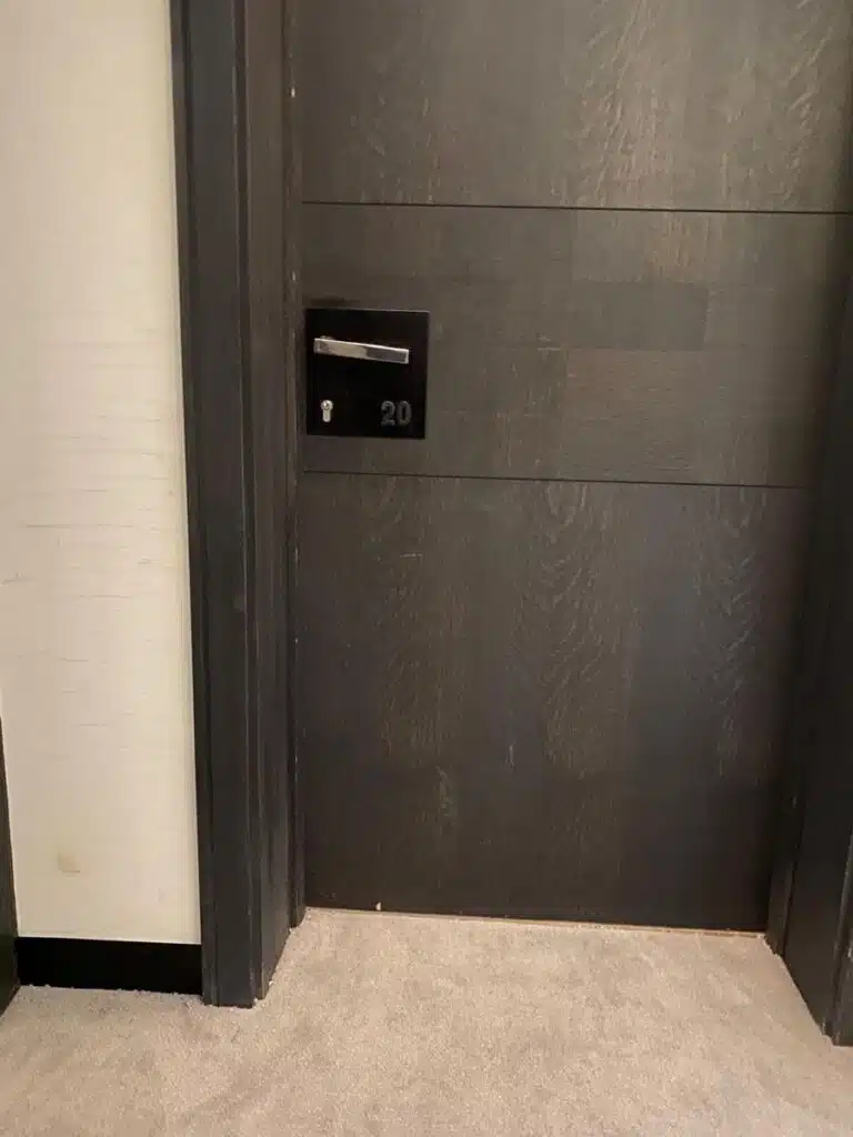 Modern dark wood front door with number 20 plate and lock, UK residential entrance