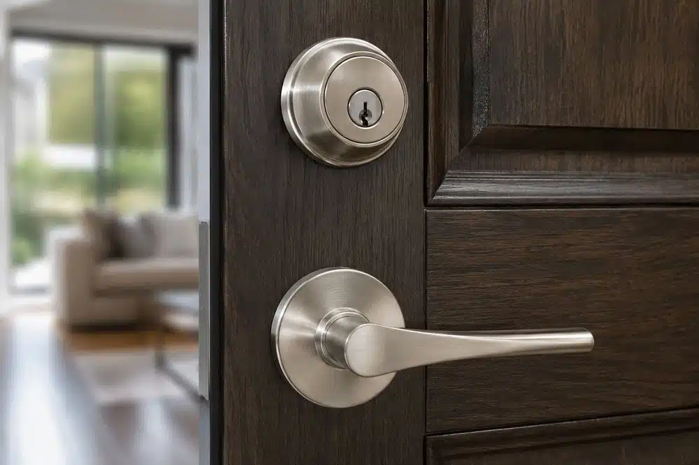 Brushed nickel deadbolt lock and door handle on wooden front door
