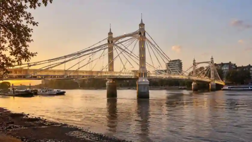 Albert Bridge at sunset, linking Battersea and Chelsea across the Thames