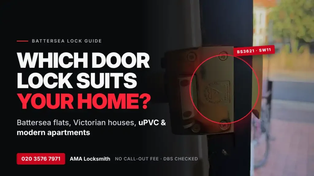 Best door locks for Battersea flats and houses – BS3621 night latch on a timber front door in Battersea SW11