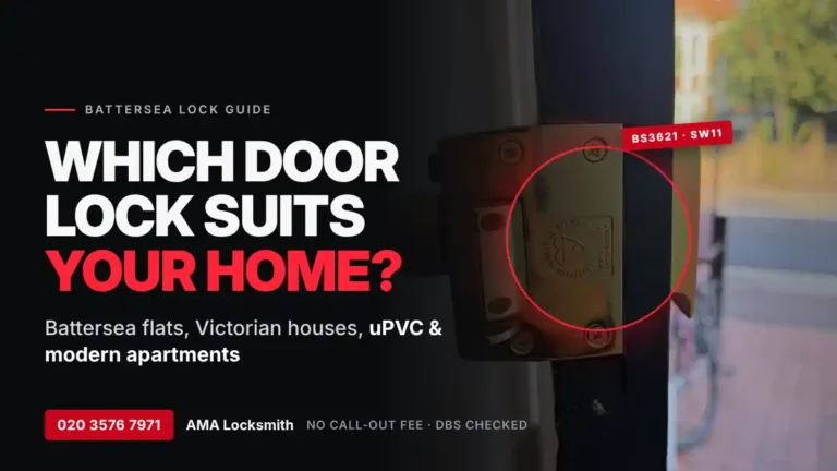 Best door locks for Battersea flats and houses – BS3621 night latch on a timber front door in Battersea SW11