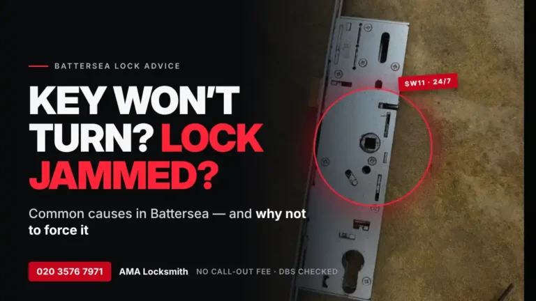 Key won’t turn in the lock – multipoint lock gearbox removed from a jammed uPVC door in Battersea SW11